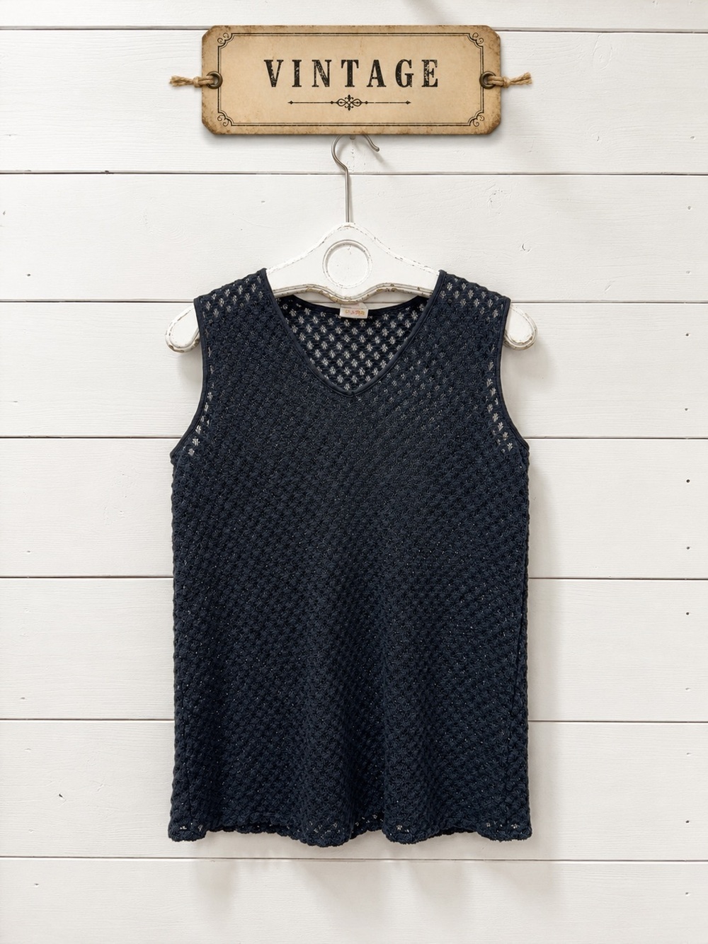 Unbranded Vintage Crochet-Style Top – Navy – Estimated Size XL